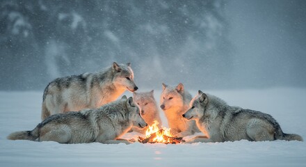 Wolves huddling around fire in snowy landscape