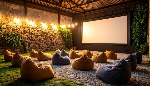 Watching Outdoor Movie with Bean Bags on Patio at Night