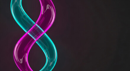 Abstract glowing double helix in vibrant teal and magenta colors on dark background