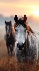 Horses galloping in the misty meadow at sunrise with warm colors illuminating the landscape