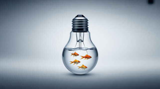 Goldfish swimming inside a glass light bulb, symbolizing an enclosed idea, a trapped thought, or a creative mind feeling limited and confined