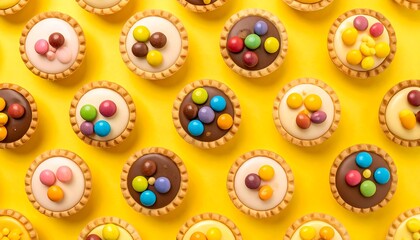 Colorful miniature tarts on a yellow background