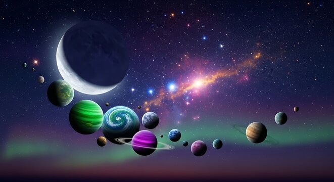 Colorful Planets and Stars in Space. - Powered by Adobe