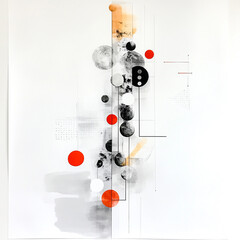 Abstract Geometric Composition With Black, White, And Orange Circular Shapes And Lines