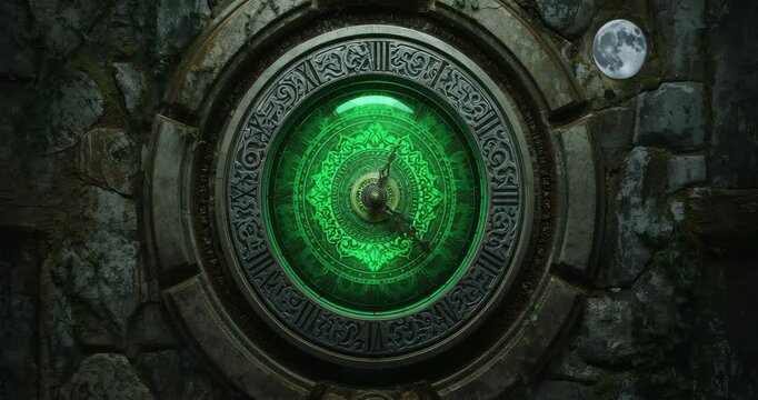 Rotating mechanism in mossy chamber under emerald glow, with brass pointer, metal ring reflections - Powered by Adobe