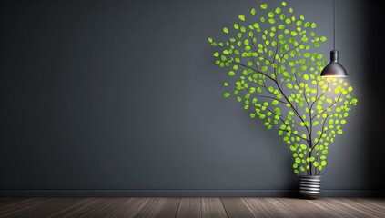 A stylized illustration of a tree growing from an illuminated lightbulb against a dark gray wall and wooden floor, evoking a sense of environmental consciousness and sustainable growth.