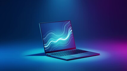 Digital technology concept with a futuristic notebook computer showing an abstract light graph on its screen under vibrant blue and magenta lighting - Powered by Adobe