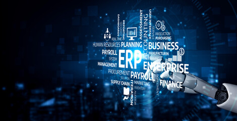 A robotic hand interacts with floating keywords related to ERP systems, illustrating the integration of technology in business management and operational efficiency. Tessel