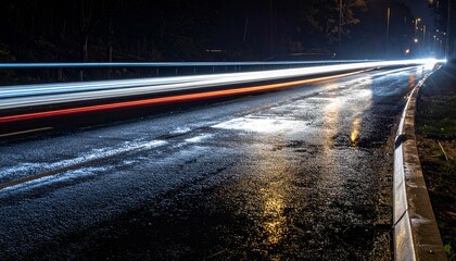 Night Highway with Light Trails and Wet Pavement after Rain at Night