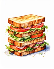 Towering Sandwich Stack with Toasted Bread Lettuce Tomato and Onion Watercolor Style on White Background