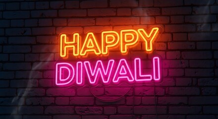 Bright neon "Happy Diwali" sign against a brick wall, perfect for holiday greetings, festive invitations, or vibrant cultural event promotions. Celebratory and eye-catching.