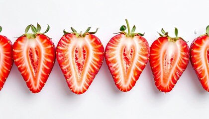 Rows of Sliced Red Strawberries Displayed on a White Background Food Photography