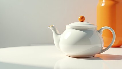 Elegant white teapot with an orange accent lid on a bright table