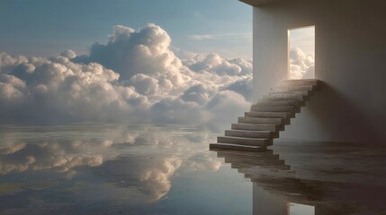 Surreal staircase leading to an open doorway floating above clouds, symbolizing dream, imagination, and transcendence.