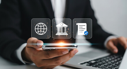 Person using a smartphone with digital icons of globe bank and invoice displayed above the device on transparent background