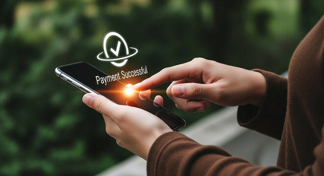 Person holding smartphone showing payment successful screen with checkmark graphic overlayed on transparent background