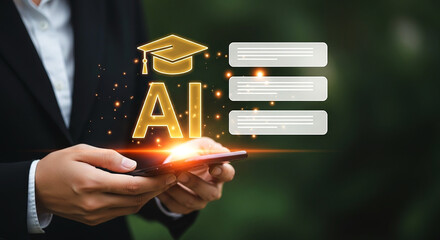 Person holding phone with ai text graduation cap and chat boxes in suit jacket on green background on transparent background