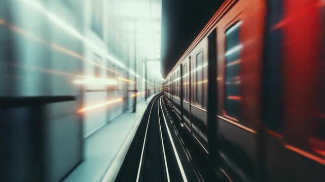 A blurred image of a train moving along the tracks