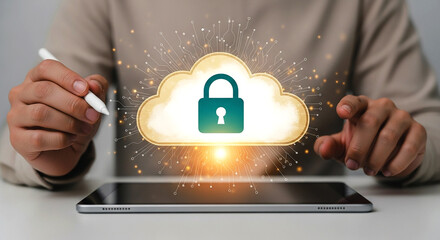 Person using tablet with cloud and padlock overlay for data security and protection concept shown above it on transparent background