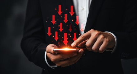 A person using a smartphone with red arrows pointing down indicating data transfer or downloads shown on transparent background