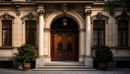 Fototapeta premium Ornate entrance of a stately residence, featuring a grand arched doorway and decorative columns.
