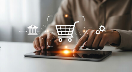 Person using tablet with shopping cart bank and gear icons for online shopping and banking concept on transparent background
