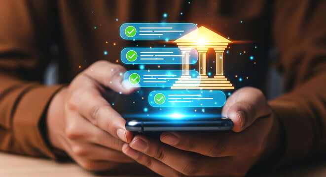 Person holding phone with bank icon and checkmarks showing online banking transactions completed easily on transparent background