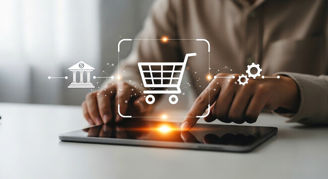 Person using tablet with shopping cart bank and gear icons for online shopping and banking concept on transparent background