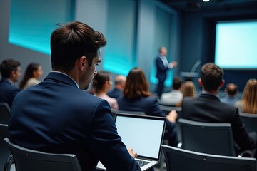 Audience at presentation. Man using laptop during conference.