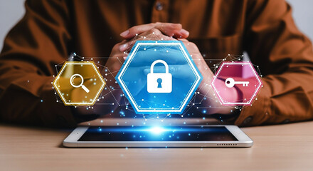 Person using tablet with digital security icons illustrating data protection and privacy online access on transparent background