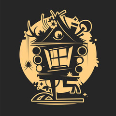 Spooky haunted house silhouette with full moon for halloween design template