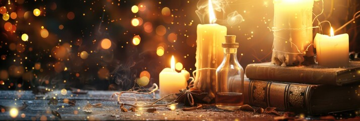 Enchanting halloween scene with candles, spices, and books for festive decoration. Horizontal banner. Copy space
