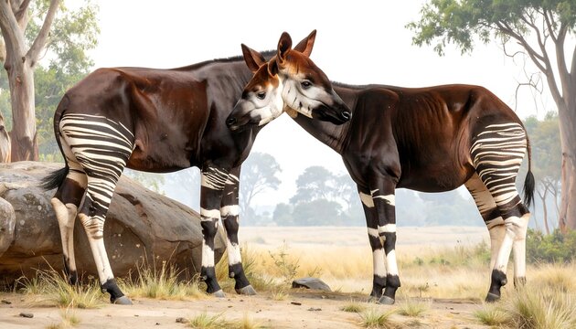 Two okapis stand close together in a savanna setting, showcasing their unique zebra-like patterns and rich brown coats.