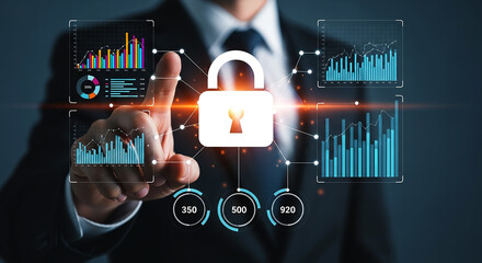Businessman interacting with digital interface featuring padlock and data visualizations displayed on screen on transparent background