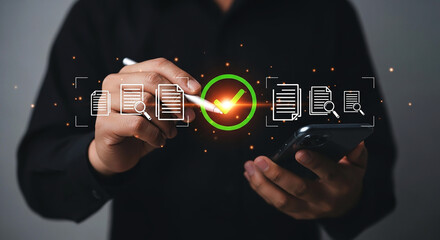 Person using stylus on phone with document icons and checkmark overlaying the screen interface on transparent background