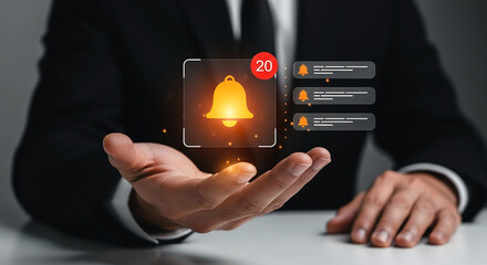 A person holding a notification bell icon with twenty unread messages in their outstretched hand on transparent background