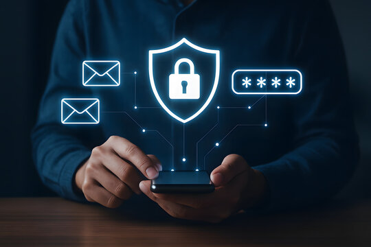 Person using smartphone with glowing digital security shield padlock email password icons symbolizing online safety