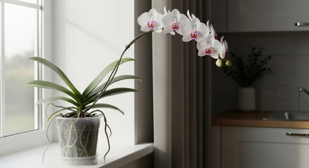 Elegant white orchid on window sill in sunlit room with modern decor