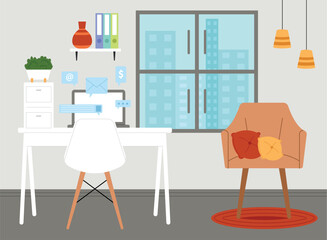Fototapeta premium Minimalist workspace with desk and chair Vector