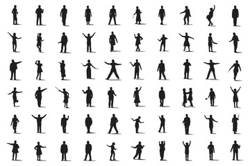 Diverse collection of human silhouettes in various poses and activities representing modern life silhouette