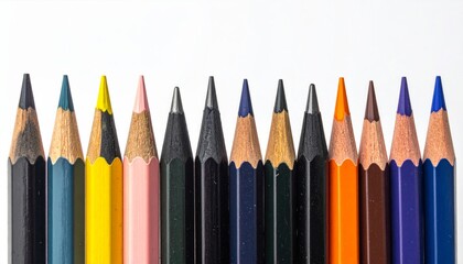 Fototapeta premium Vibrant Row of Sharpened Colorful Pencils on White Background Art Stationery
