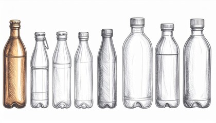 Diverse Plastic Water Bottles in a Row with Detailed Drawings and One Tinted