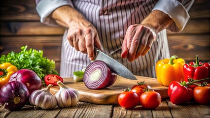 Chef preparing fresh vegetables for cooking, chopping a red onion on a wooden cutting board surrounded by colorful bell peppers, tomatoes, garlic, and lettuce in a rustic kitchen setting
