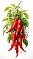 Hanging Bunch of Bright Red Chili Peppers with Green Leaves on White Background