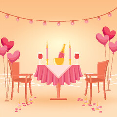 Sunset dinner setup with heart decorations Vector