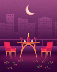 Night rooftop dinner date scene. Vector