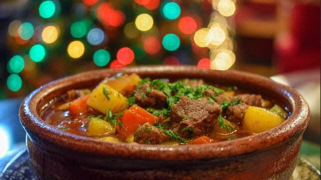Hearty Paraguayan Puchero Stew with Festive Lights