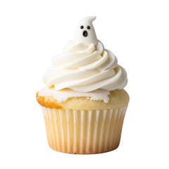 Halloween ghost cupcake with white frosting and vanilla cake