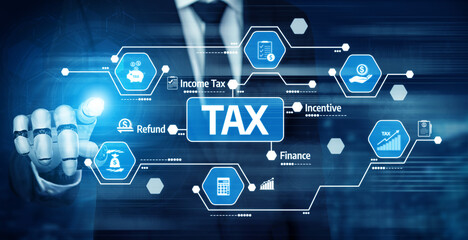 This image showcases a modern digital interface highlighting key financial concepts such as tax, incentives, and refunds. Ideal for financial or tax-related projects. Tessel