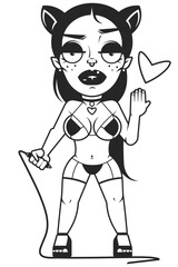 The black silhouette of a graceful demon girl, with a huge, oddly shaped saber in one full hand and a long, spiked whip in the other.. 2d illustration.